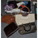 Assorted handbags and evening bags including Jane Shilton examples; various with scarves etc
