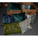 Two boxes of modern scatter cushions including embroidered examples