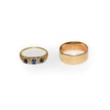 An 18 carat gold band ring, finger size Q; and a sapphire and diamond ring, stamped '18CT', finger
