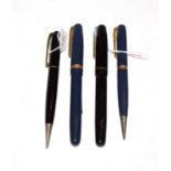A Waterman's W-3 fountain pen with nib stamped 14ct and matching pencil, a Waterman's W-2 fountain