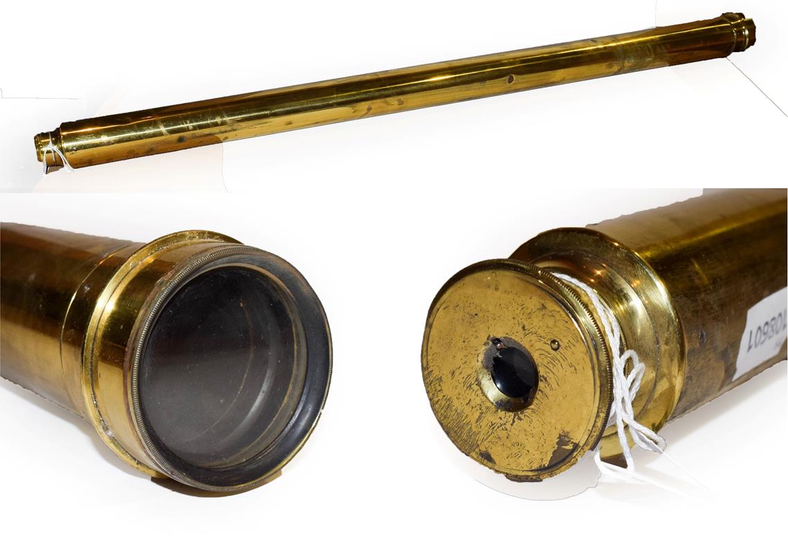 ~ A 19th century lacquered brass two drawer telescope, 105cm closed, object lens 6cm diameter