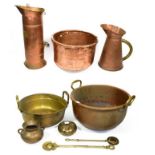 ~ A quantity of metalwares including cooking pots and a coal skuttle with delft handles, (9).