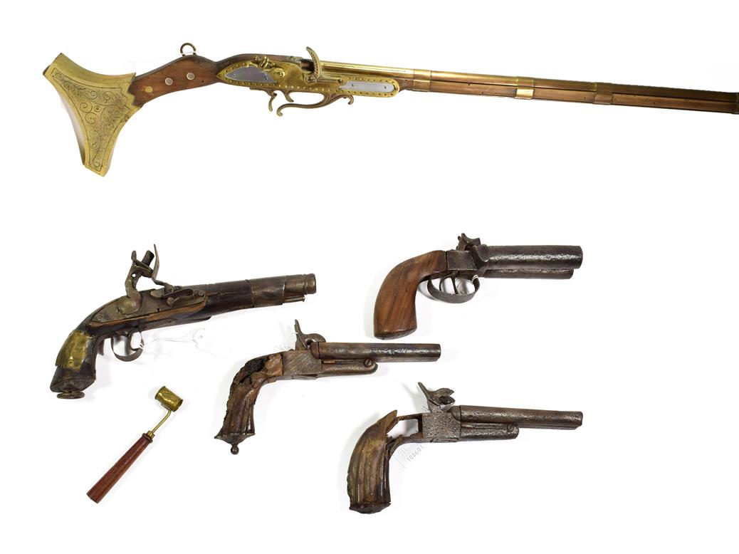 ~ A Modern non-working copy of a jezail; a double barrel percussion pistol; two relic condition