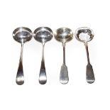 Two pairs of Victorian silver sauce-Ladles, one pair Fiddle pattern, by Josiah Williams and Co.,