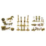 Early 19th century and later metalwares including brass candlesticks, horse brasses, horse and