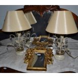 A pair of foliate table lamps with glass droplets, together with a gilt framed Classical style