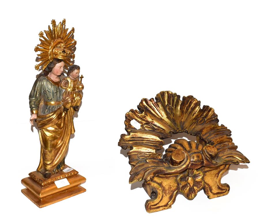 ~ A Continental gilt and polychrome wood devotional statue of Mary and the Christ Child, 46cm