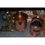 19th century copper and brass fireside items including copper log bin and cover with brass mounts, a