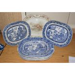 Ten various 19th century Old Willow pattern and other blue and white and sepia meat plates
