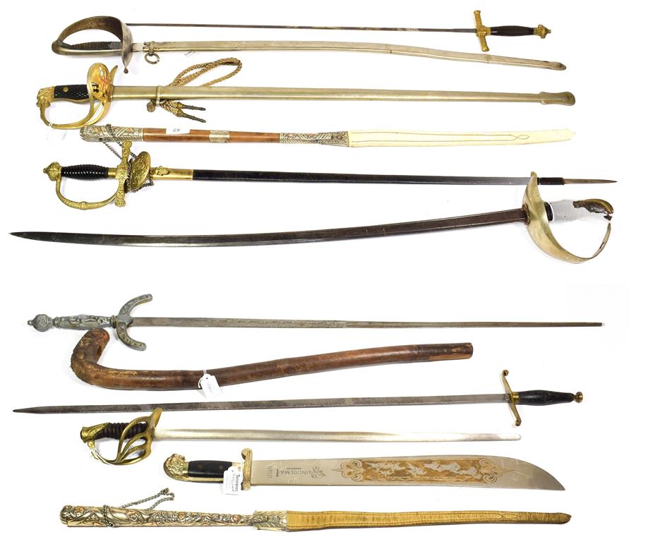 ~ Two Argentinean strap whips; a quantity of German and other copy swords and a shillelagh