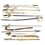 ~ Two Argentinean strap whips; a quantity of German and other copy swords and a shillelagh
