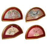 ~ Four fans each in a gilt framed wall hanging display case, including one decorated with a