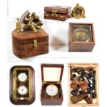 ~ Reproduction marine instruments in cases including compasses, sextant and quartz ships clock, a