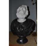 A two-tone marble head and shoulders bust of a bearded gentleman on socle base, 67cm high