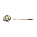 ~ A rose cut diamond and simulated pearl stickpin; together with an enamel brooch depicting a