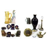 ~ Assorted ceramics and metalwares including a large Lladro figure, Mary Gregory amber glass ewer,