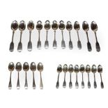 A collection of assorted flatware, including: a set of eight Fiddle pattern dessert-spoons, engraved