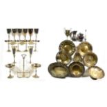 ~ Two trays of Spanish silver and silver plated wares, including two repousse silver lozenge