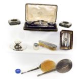A collection of assorted silver dressing-table items, including: a hair-brush and hand-mirror; a