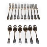 Ten Victorian table-forks, Various Maker's and Dates, Fiddle pattern, one engraved with an initials;