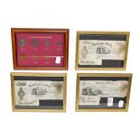 Three framed Victorian bank notes, Darlington, Durham and Stockton-on-Tees £5 notes and a framed