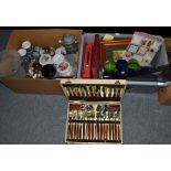 Two boxes of assorted items including reproduction pot lids, table lamp, Hornsea pottery and cased