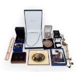 A quantity of costume jewellery including two silver ingots, key rings, earrings, a hardstone
