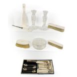 19th century ivory dressing table items bearing a crest, a powder jar, a pair of glass