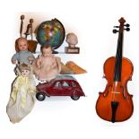 ~ Assorted collectables including composite and bisque dolls, novelty 20cm globe, shoe stretchers