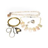 ~ A plated bangle (a.f.); a simulated pearl necklace; a pair of simulated pearl earrings; a