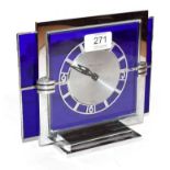 An Art Deco Garrard Le Coultre chrome and glass mantle clock, the circular dial with Arabic