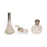 Three silver-mounted glass items, comprising: a globular scent bottle, the silver cover by John