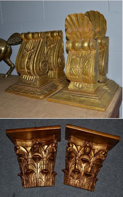 Three pairs of gilt wood corbels, largest pair 46cm