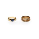 A cabochon sapphire ring, stamped '18', finger size L; and a diamond set bark effect ring, unmarked,