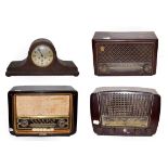 ~ An Invicta Bakelite valve radio, two Philips examples and an oak cased 8 day mantel clock striking
