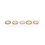 Three 9 carat gold band rings, finger sizes L, M1/2 and Q1/2; and two further band rings,