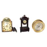 ~ A Continental twin weight hanging alarm clock striking on a bell, a quartz portico mantel