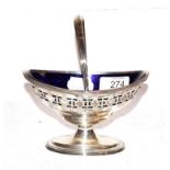 An Edwardian silver swing handled sugar basket with Bristol blue glass liner by Thomas Bradbury &