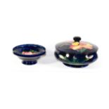 A Walter Moorcroft miniature dish and bowl with cover (2). Both first quality. Both with light