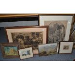 Three black and white engravings, late 19th century oil on panel, two framed watercolour landscape