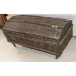 ~ A 19th century wooden bound and studded leather dome top trunk dated 1832, 110cm by 55cm by 60cm