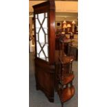 An inlaid four tier corner whatnot and a part glazed mahogany standing corner cupboard (2)