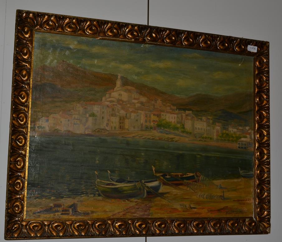 ~ Pera Planells (20th century) Fishing harbour with town beyond, signed and dated 1940, oil on - Image 2 of 3