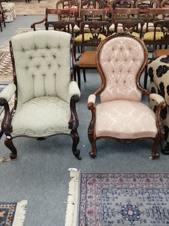 A Victorian button back nursing chair together with a button back armchair of similar date (a.f.) (