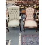 A Victorian button back nursing chair together with a button back armchair of similar date (a.f.) (