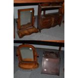 Two Victorian mahogany toilet mirrors, a coal scuttle and a hanging book shelf with cupboards (4)