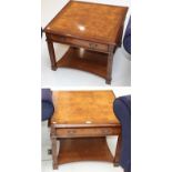 A pair of reproduction crossbanded burr walnut low tables, each decorated with blind fretwork,