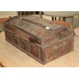 ~ A 19th century wooden bound hide dome top trunk, 78cm by 38cm by 30cm high