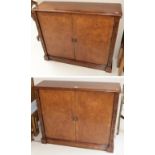 A pair of reproduction crossbanded burr walnut low tables, each decorated with blind fretwork,