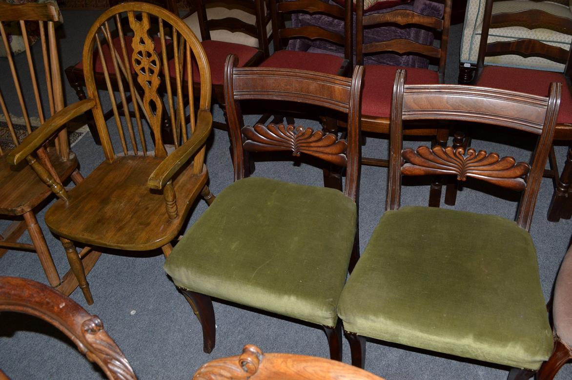 A pair of Regency carved mahogany dining chairs, a pair of Victorian balloon back chairs and a wheel - Image 3 of 3